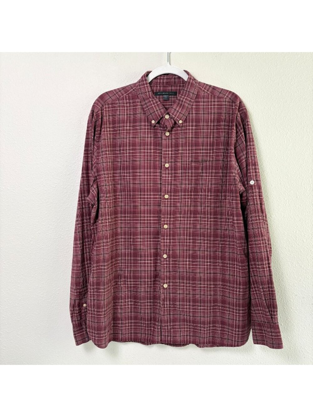 John Varvatos Button Up Shirt Mens XL Burgundy Plaid Roll Tab Sleeve Lumberjack